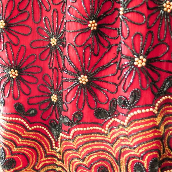 Papell Boutique Silk Evening Red Black Gold Multi-Color Floral Beaded Top - Picture 3 of 9
